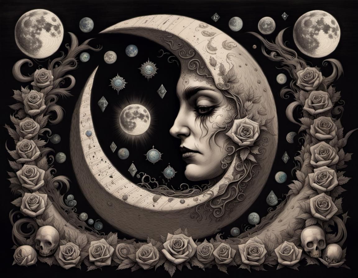 Moon Face with Esoteric Symbols, Vintage Style