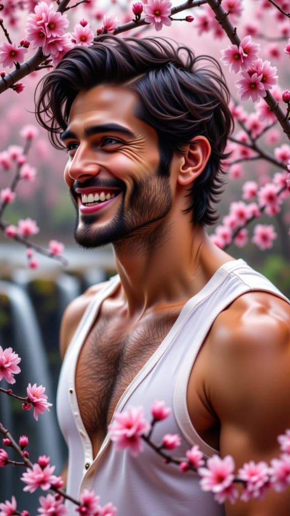 Young Man Amidst Cherry Blossoms in Dreamy Waterfall Setting