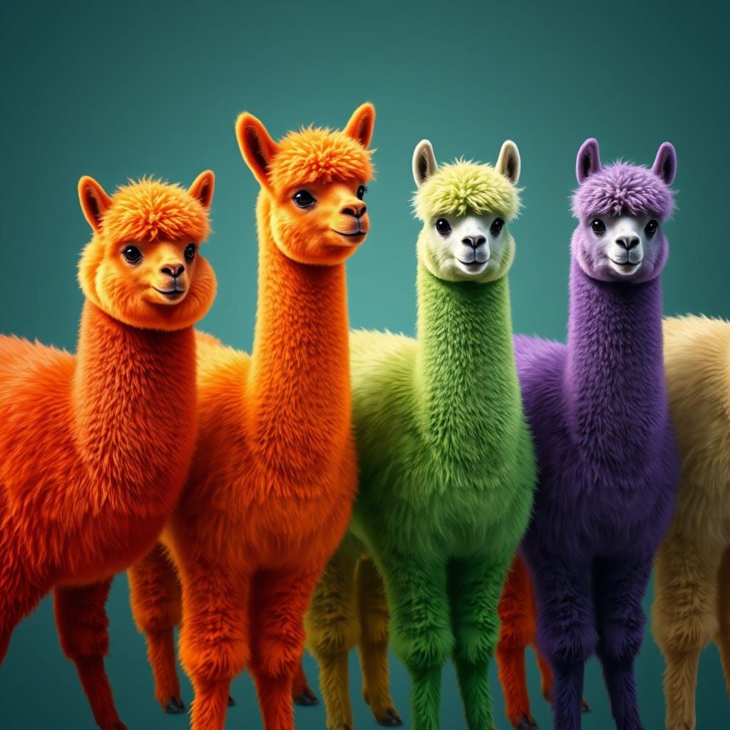 Vibrant Row of Photorealistic Alpacas in Various Colors