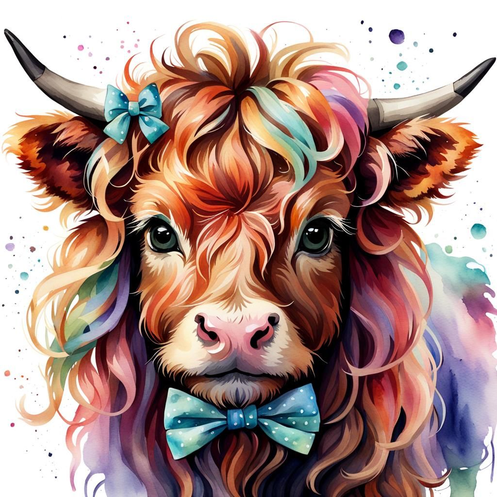 Dreamy Watercolour Highland Cow with Bow