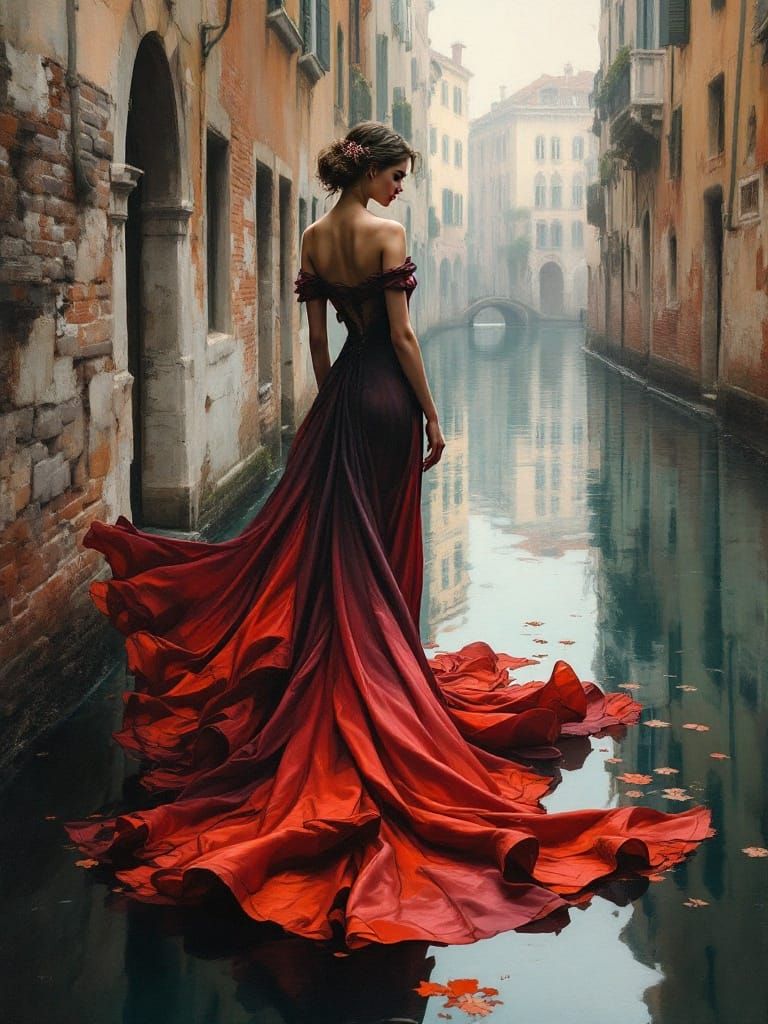 Elegant Lady in Oil Painting Style, Standing Guard Beside An...