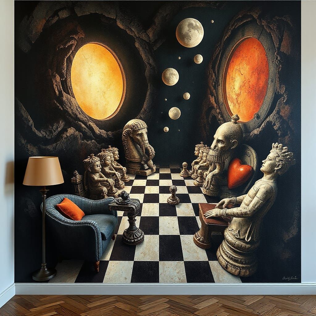 Impossible Chess Mural in Trompe L'oeil Style