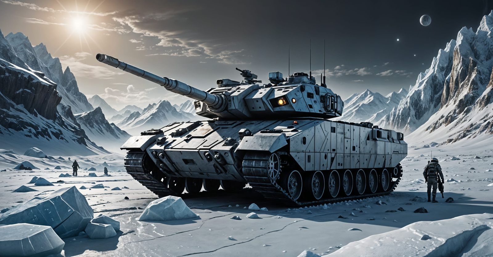 Futuristic Abrams Tank on Europa in Sci-Fi Style