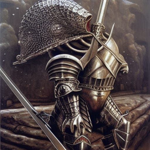Armored Knight in Snowy Hellscape: Hyperrealistic Oil Painti...