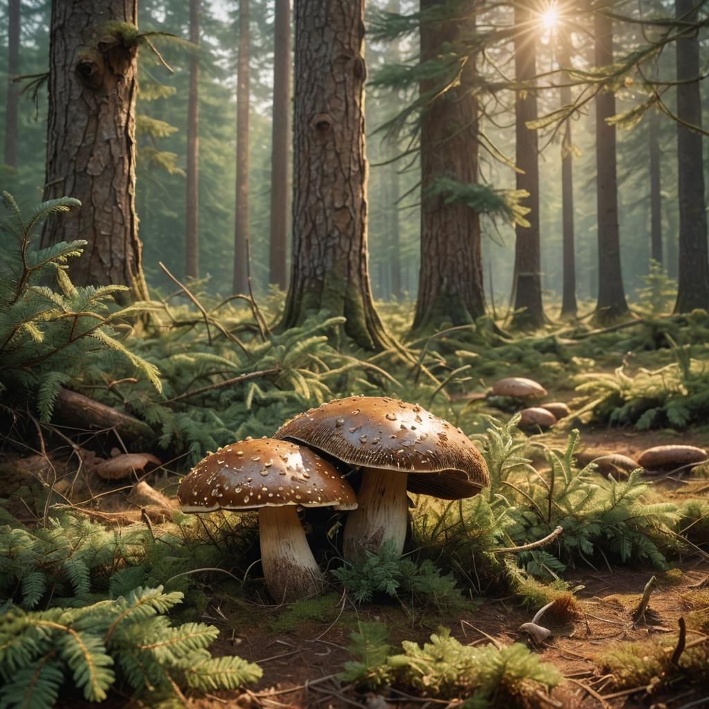 Enchanting Forest Mushroom in Golden Hour Sunlight