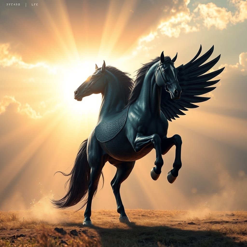 Majestic Black Horse Ascends in Heavenly Sunshine