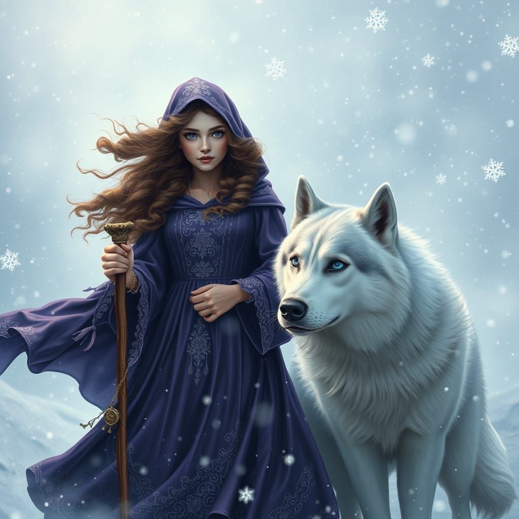 Majestic Witch and Loyal Husky in Snowy Storm Scene