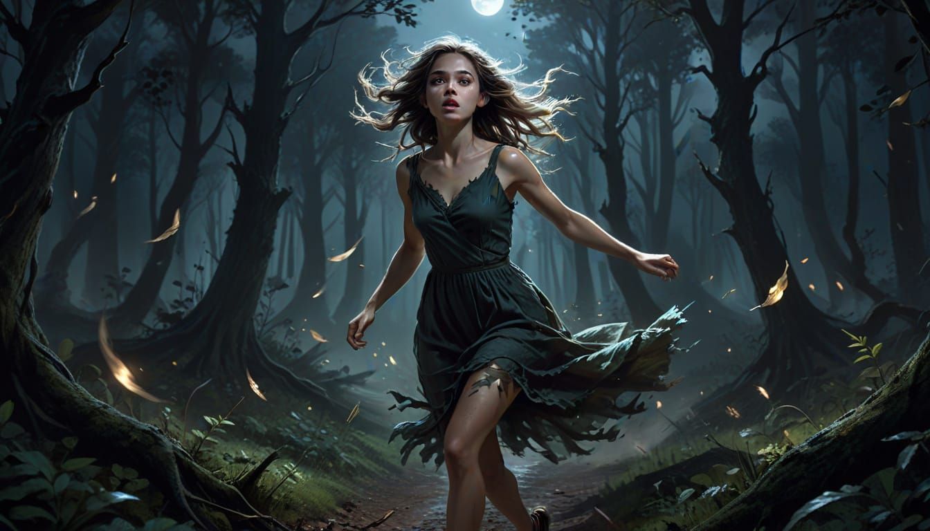 Young Woman Running Through Moonlit Forest