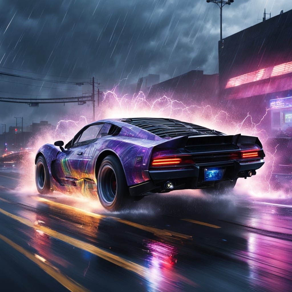 High-Tech Policar Speeds Down Rainy Highway with Flashing Si...