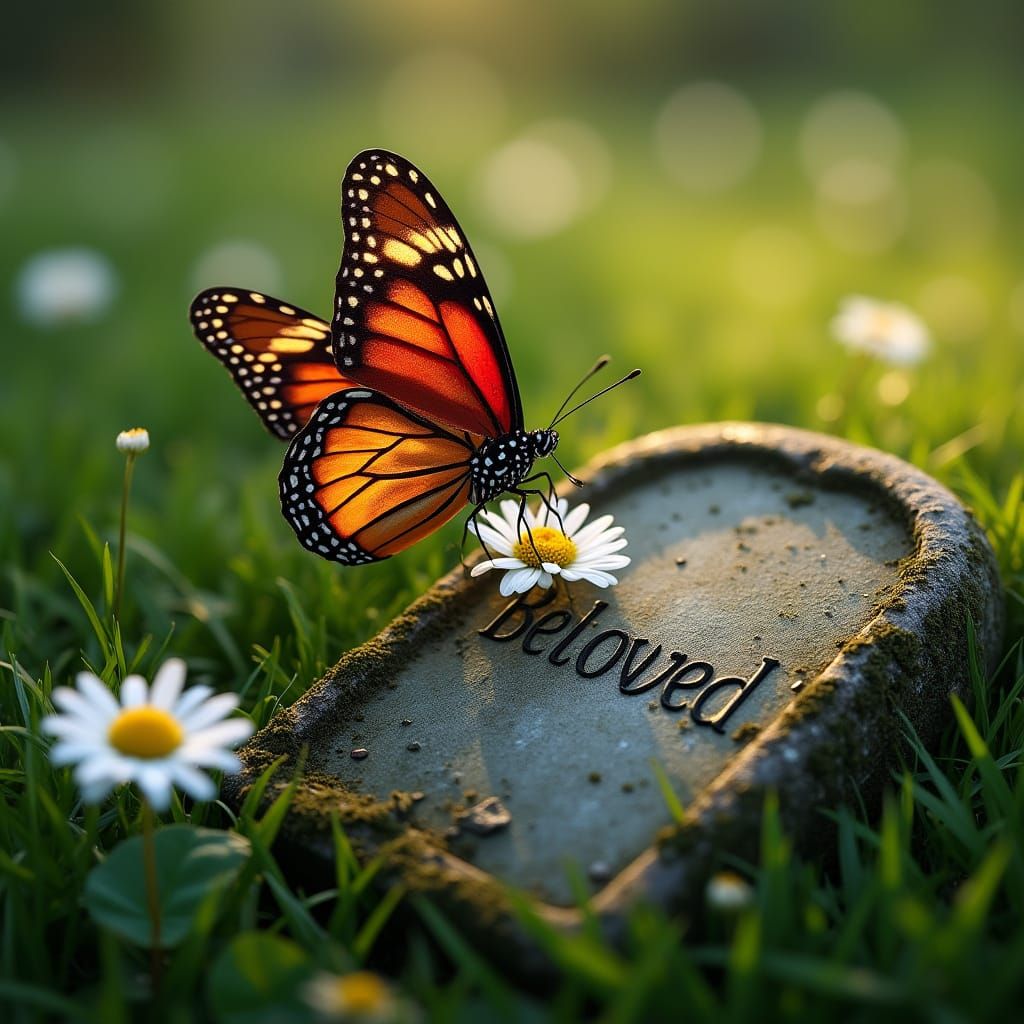 Majestic Monarch Butterfly Hovers Above Weathered Gravestone...
