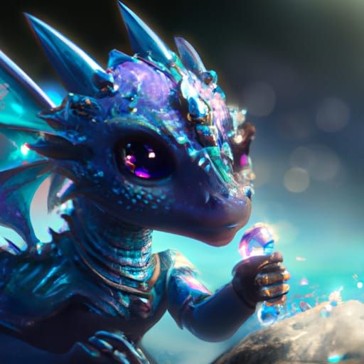 Adorable Chibi Dragon Holding a Crystal, Hyperrealism