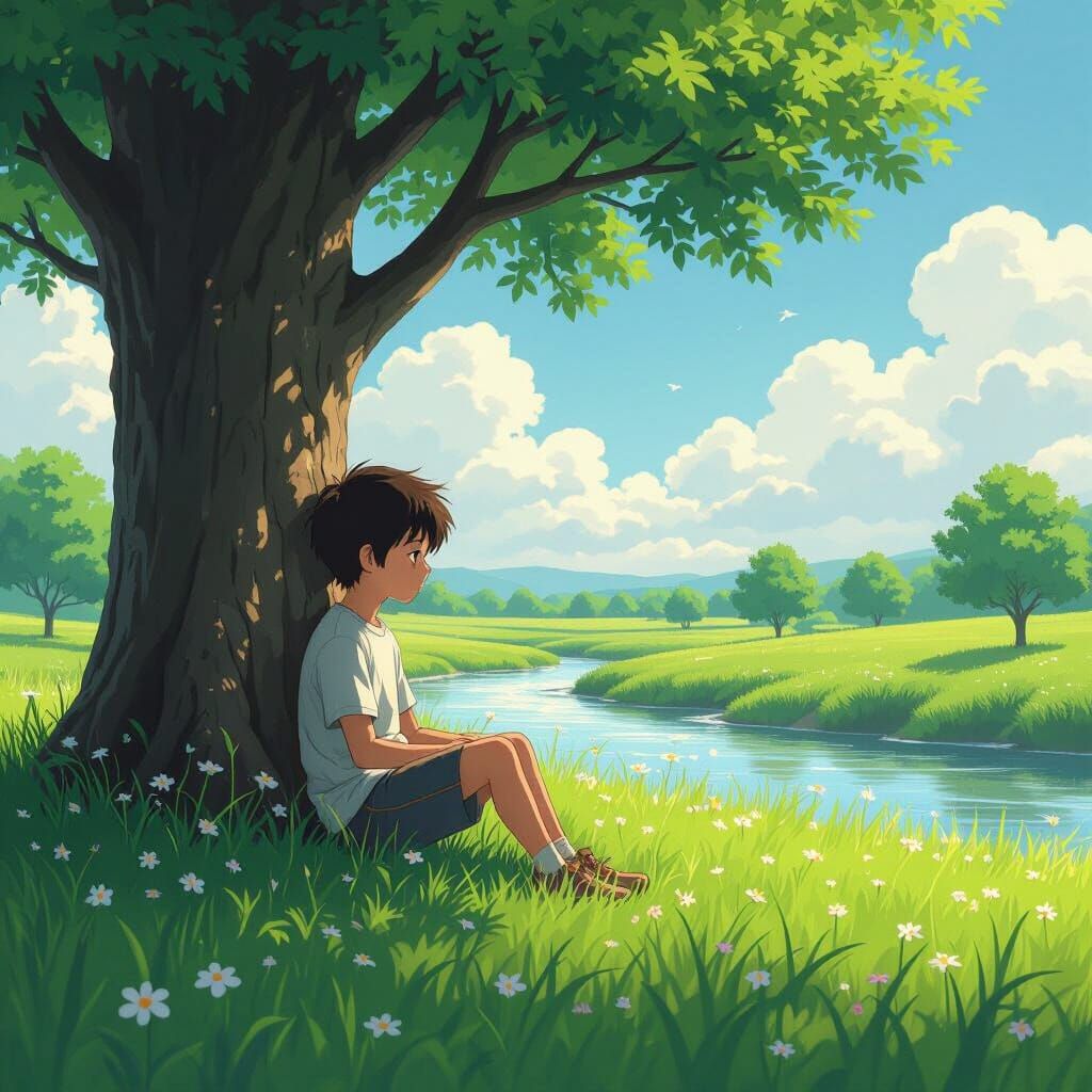 Boy Relaxing by River in Lush Landscape