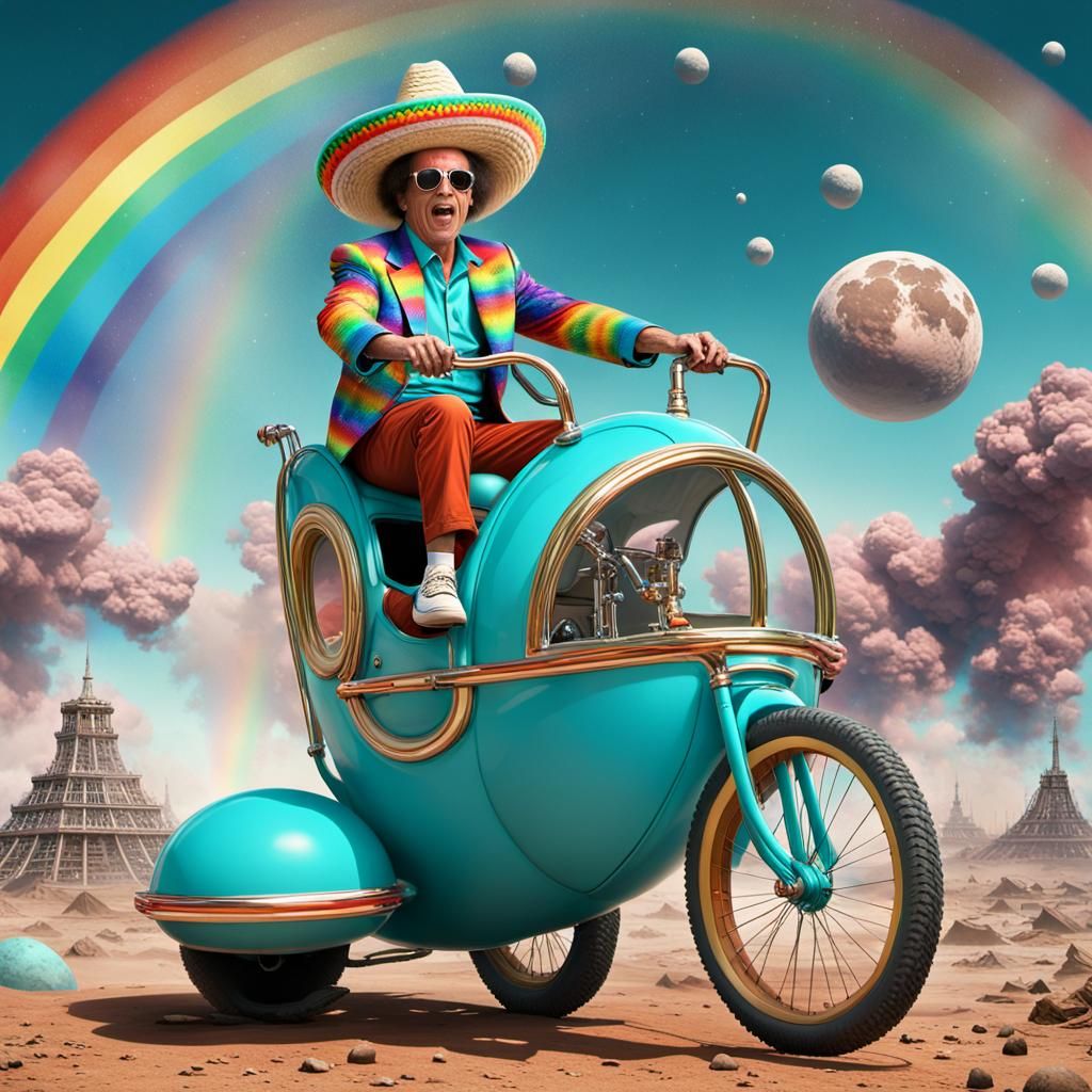 Tired sad Richard Simmons wearing turquoise sombrero riding large rainbow chrome tricycle explosion whirlpool on the moo...
