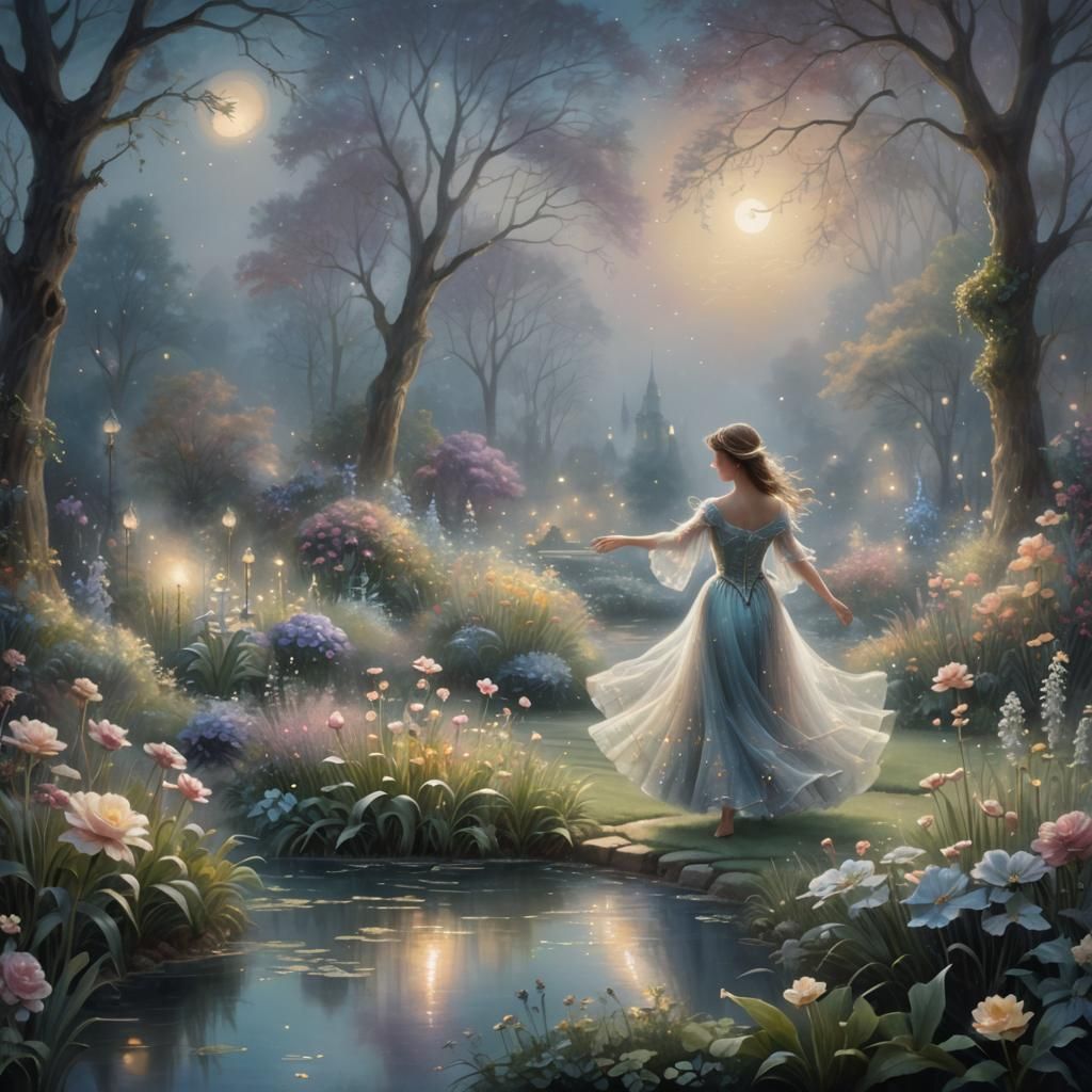 Ethereal Moonlit Dance in Fantasy Garden