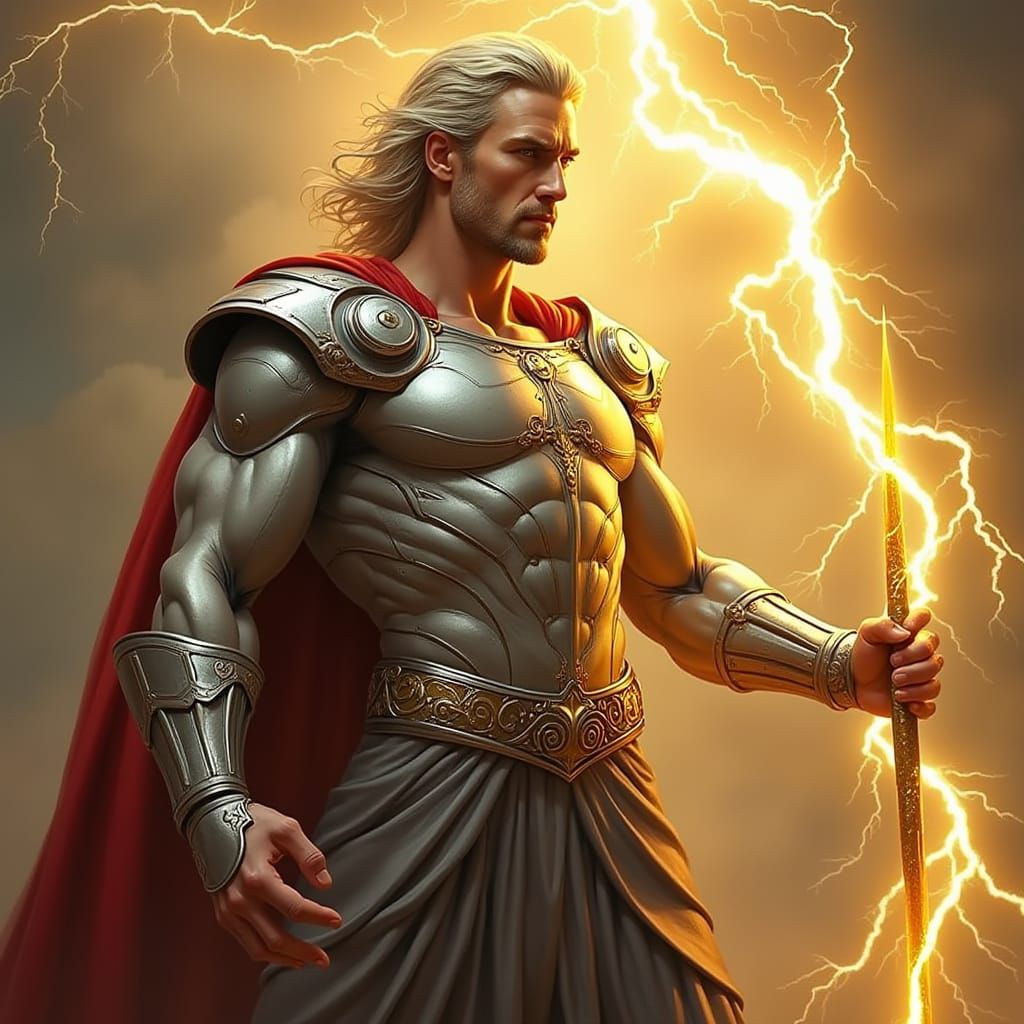 Heroic Figure in Silver Costume Channels Divine Energy with ...