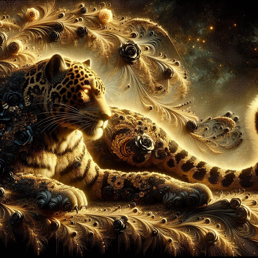 Golden Lace Jaguar with Black Roses: Digital Painting