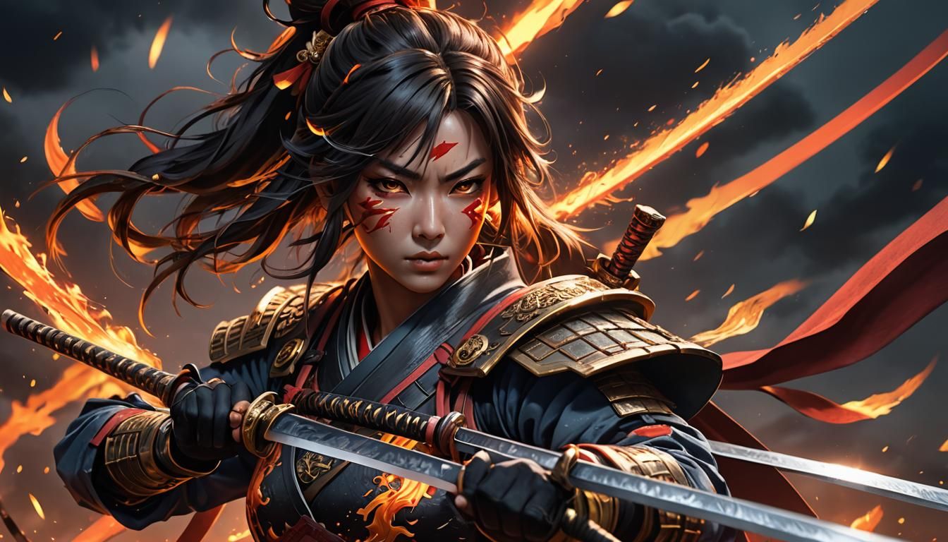 Fiery Samurai Sword in Dynamic 3D Anime Style