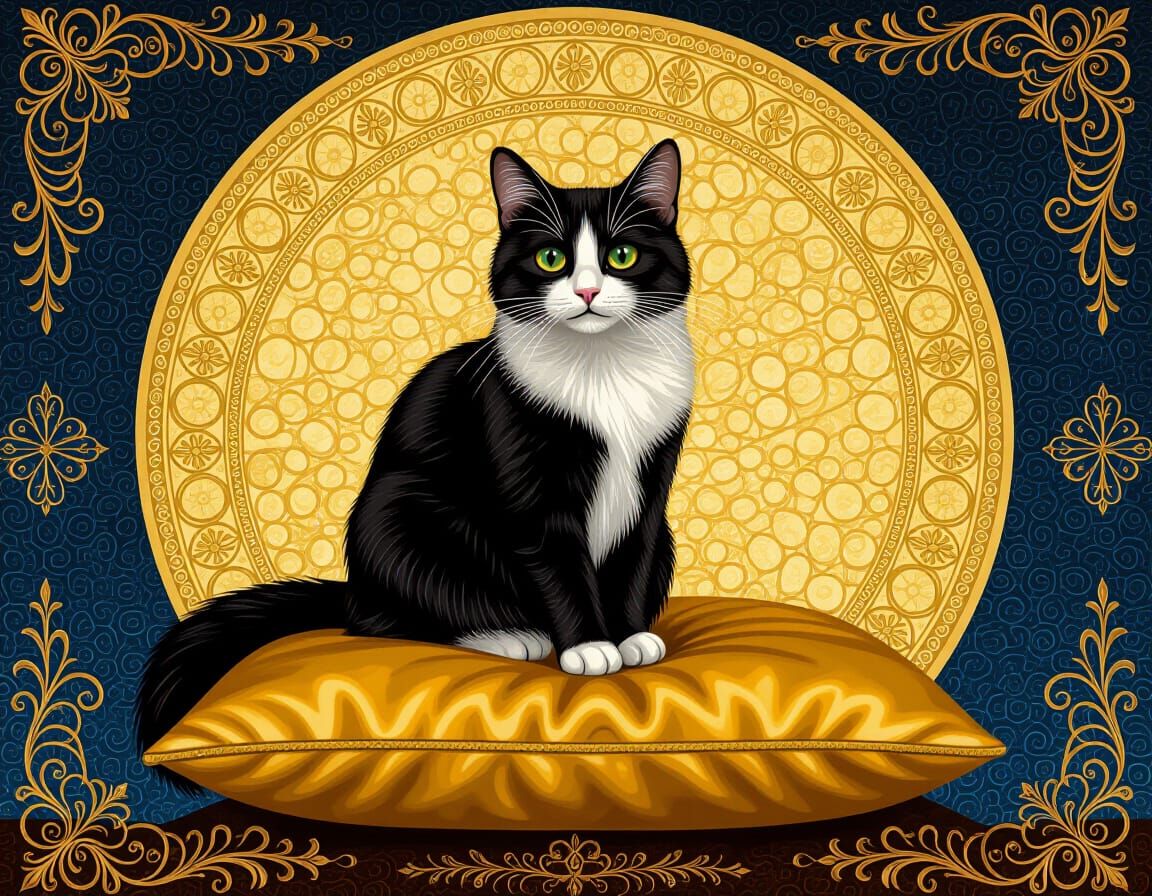 Cat on Golden Pillow with Victorian Elegance