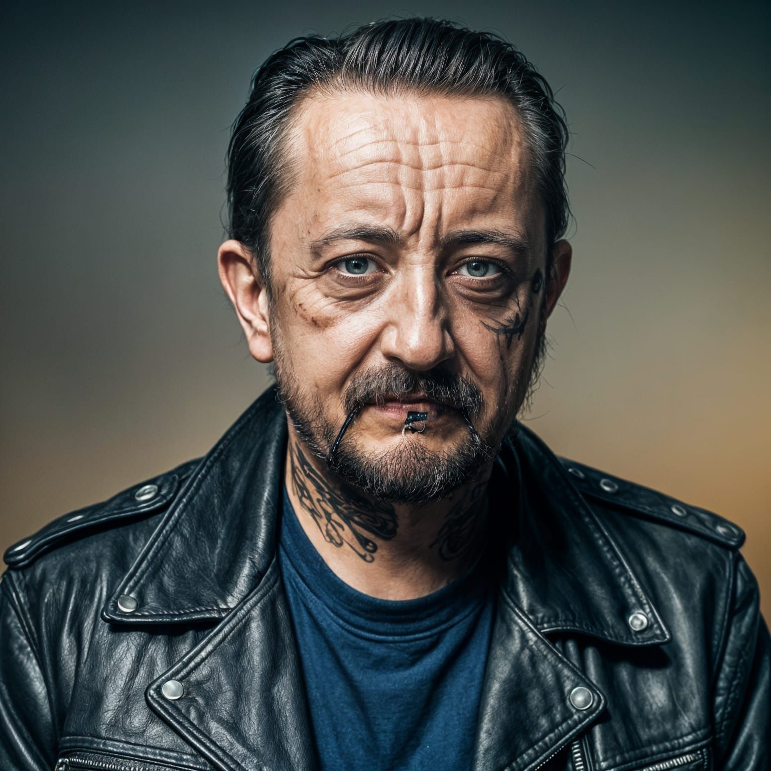 Biker Portrait with Face Tattoos in Cinematic Style