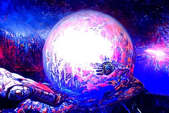 Mechanical Hand Crushes Planet in Cyberpunk Style