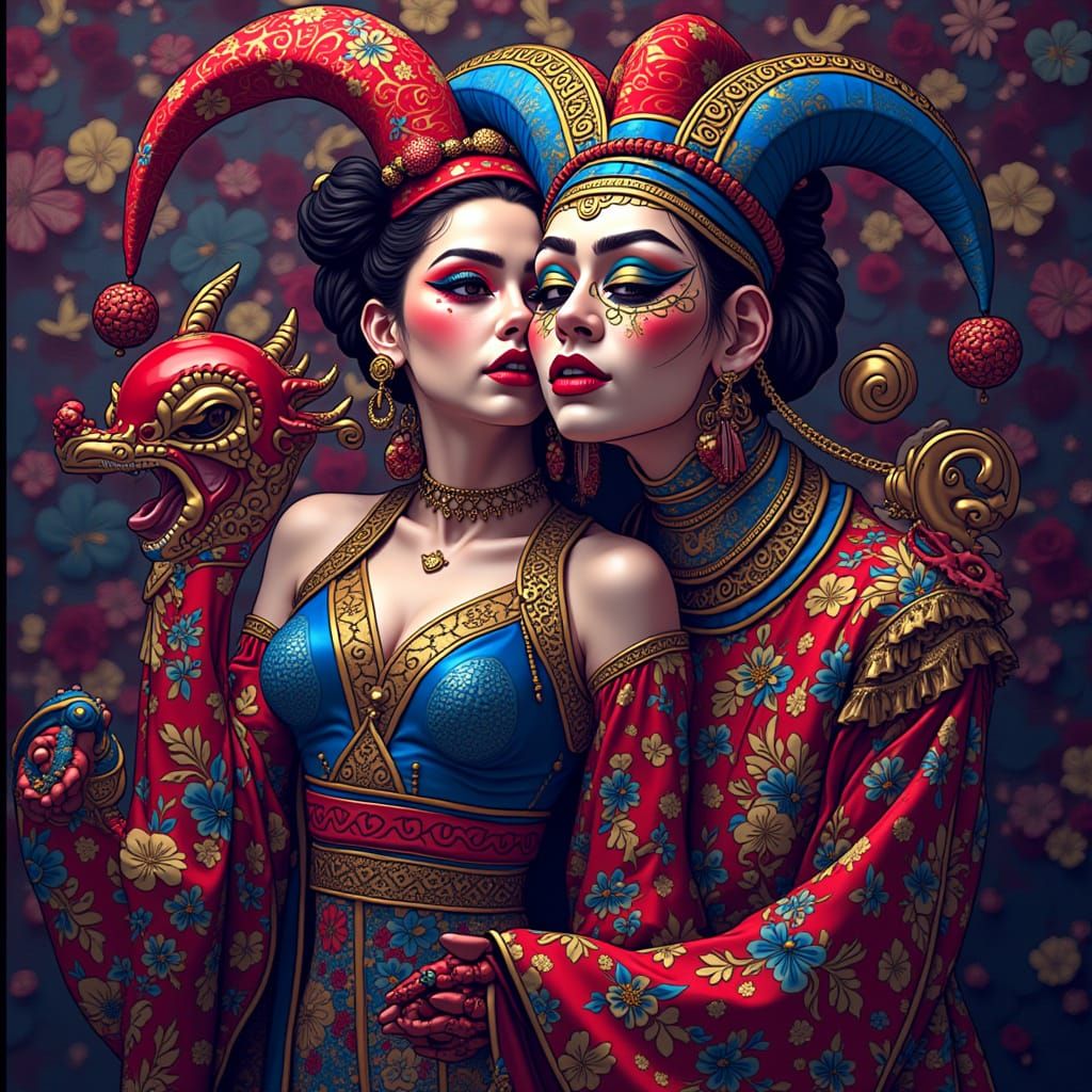 Harlequin Geisha Tutankhamun Full Body Photorealistic