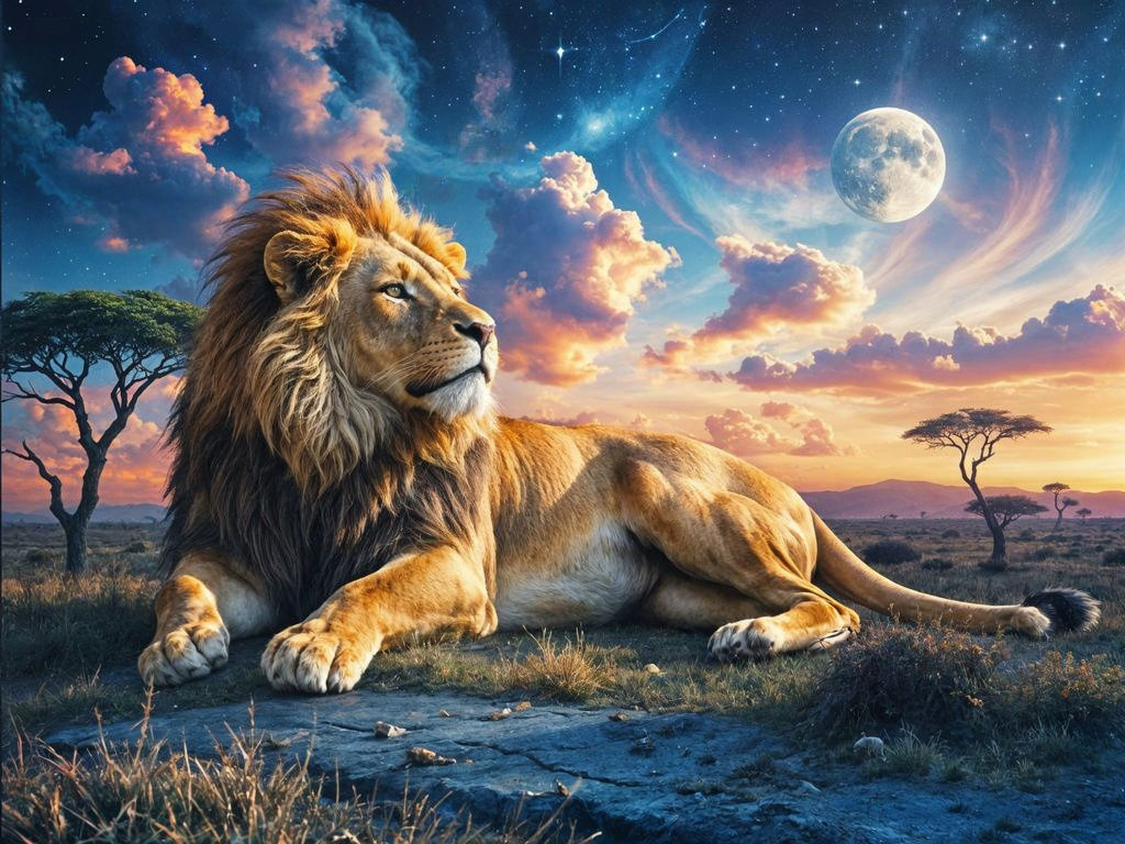 Ethereal Lion in Serengeti Under Cosmic Sky