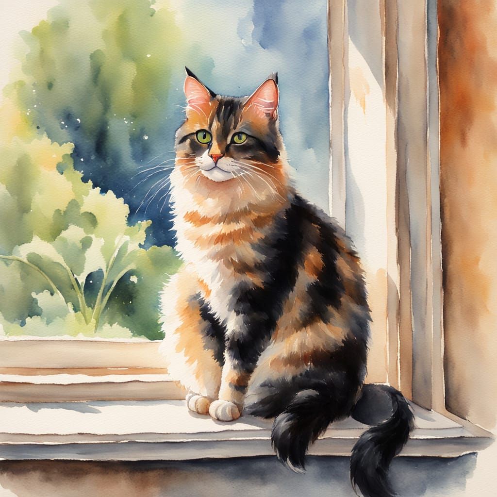 Felix Cat Watercolor Painting on Windowsill