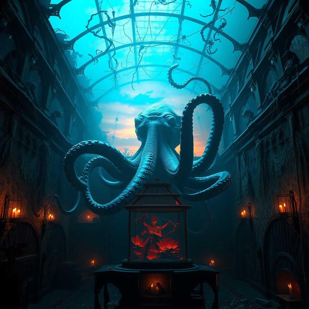 Gothic Aquarium Nightmare: Octopus Monster Emerges