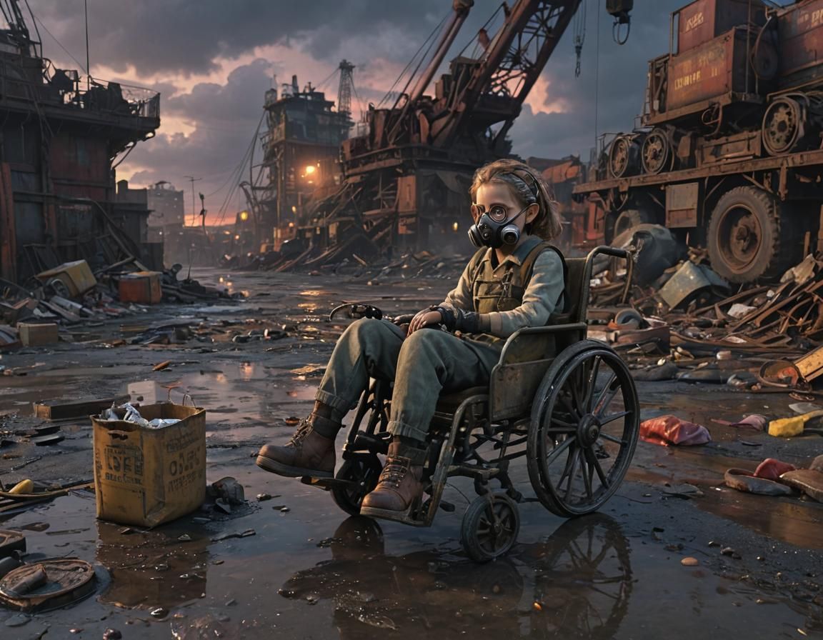Dieselpunk Girl in Wheelchair at Industrial Port