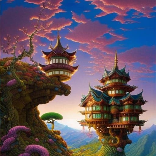 Imaginative Fantasy Landscape with Whimsical Treehouses