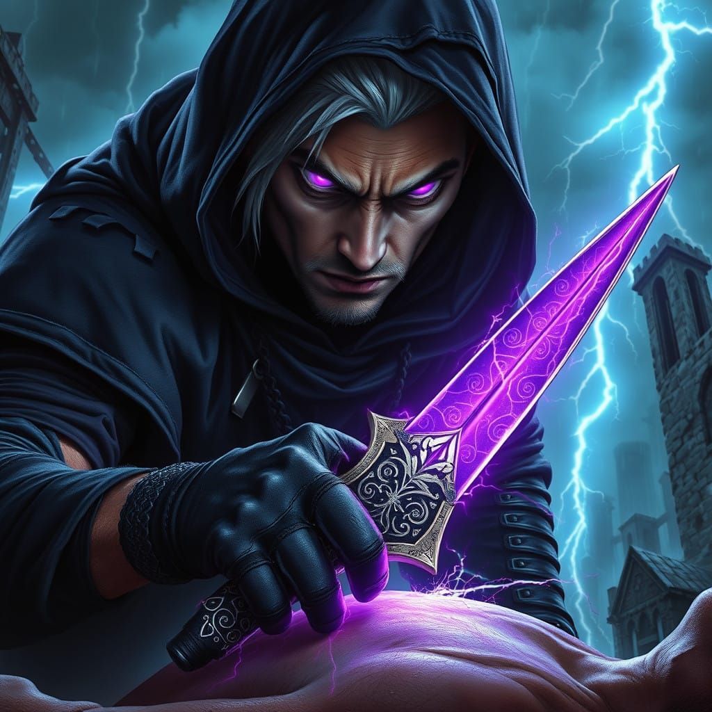 Dark Fantasy Rogue Confronts Victim in Thunderstorm