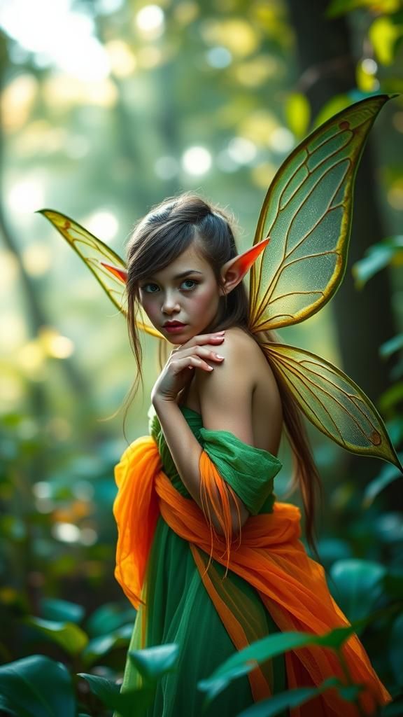 Mystical Fairy Elf in Emerald and Neon Attire