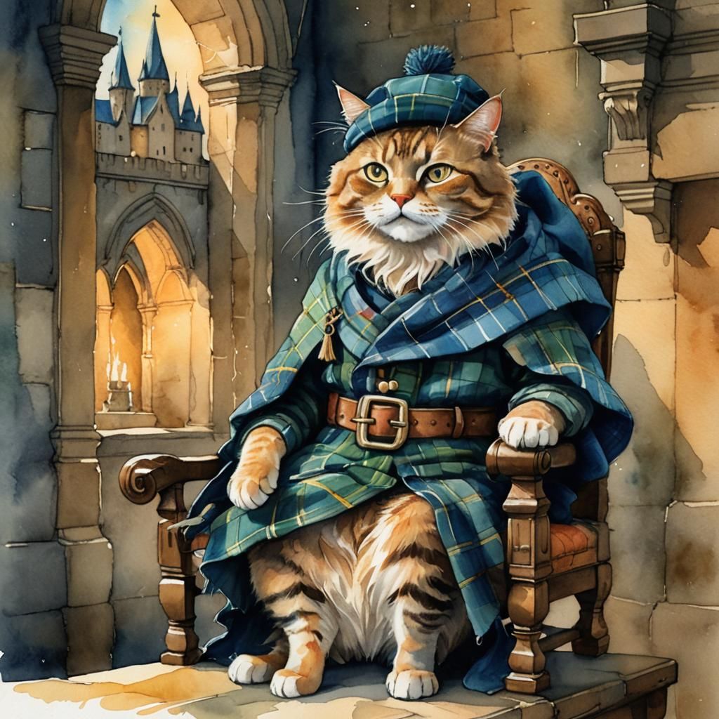 Cat King in Scottish Castle: Watercolor Illustration