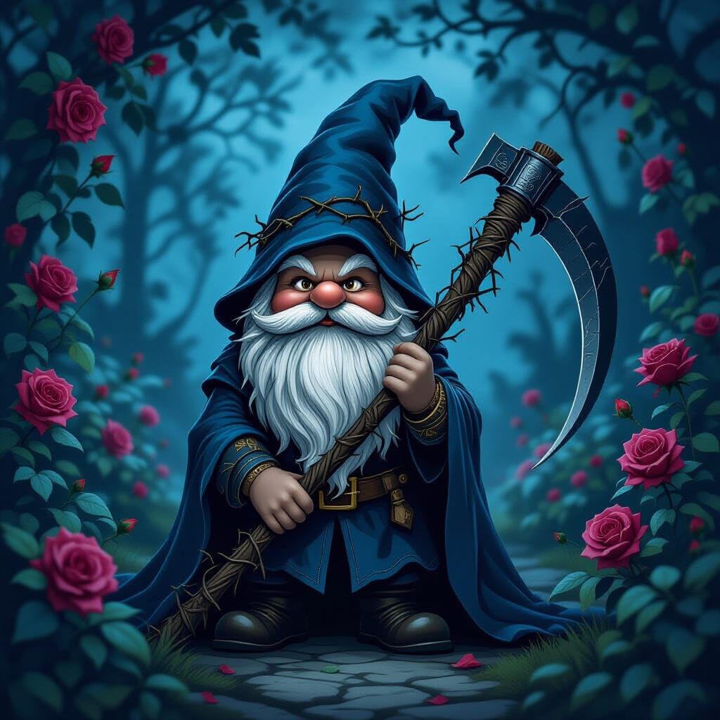 Shadowy Gnome Grim Reaper in Gothic Garden