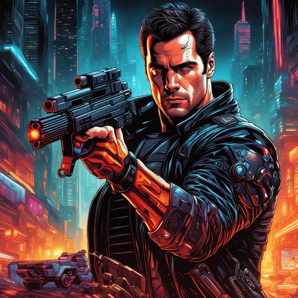 Cyborg Warrior in Cyberpunk Comic Art Style