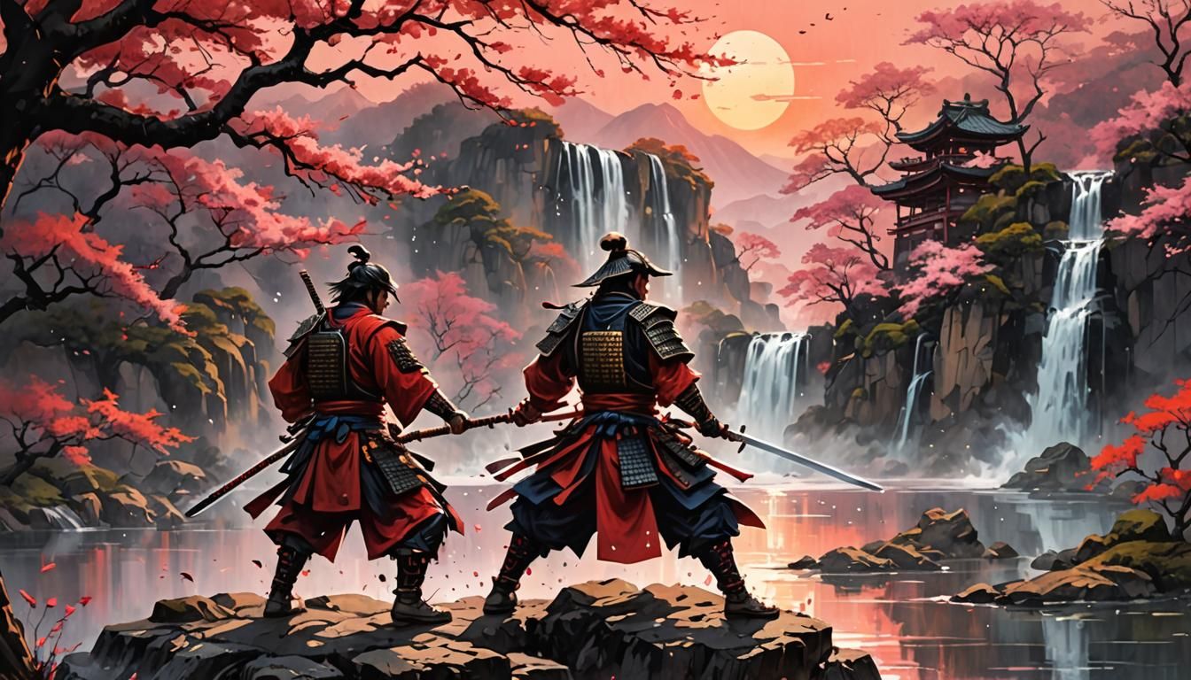Samurai Duel Under Sakura Tree at Sunset