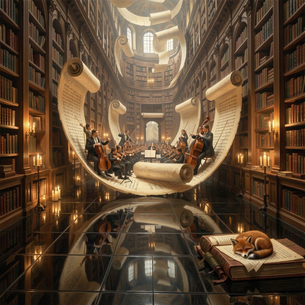 Musicians Emerge from Giant Scrolls in Infinite Library