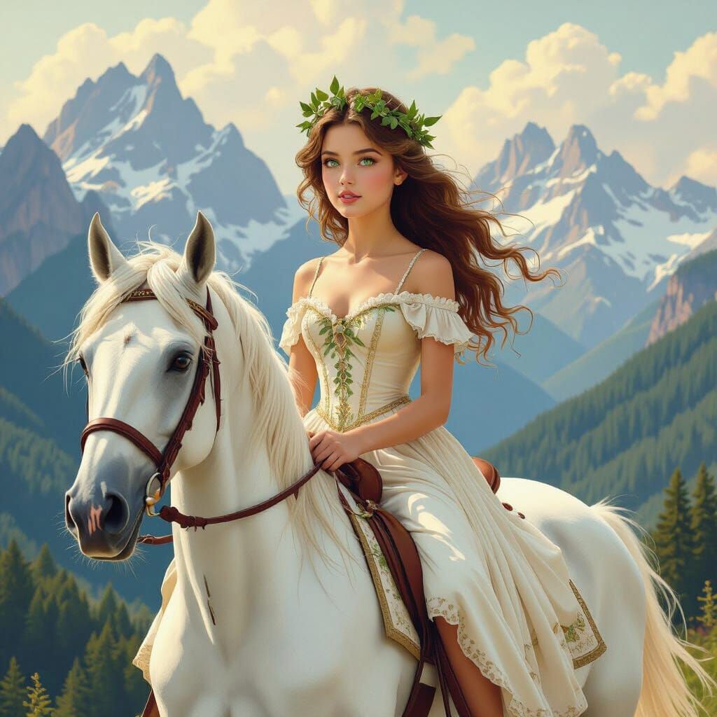 Teenage Girl Rides Horse Through Mountains in Fantasy Style