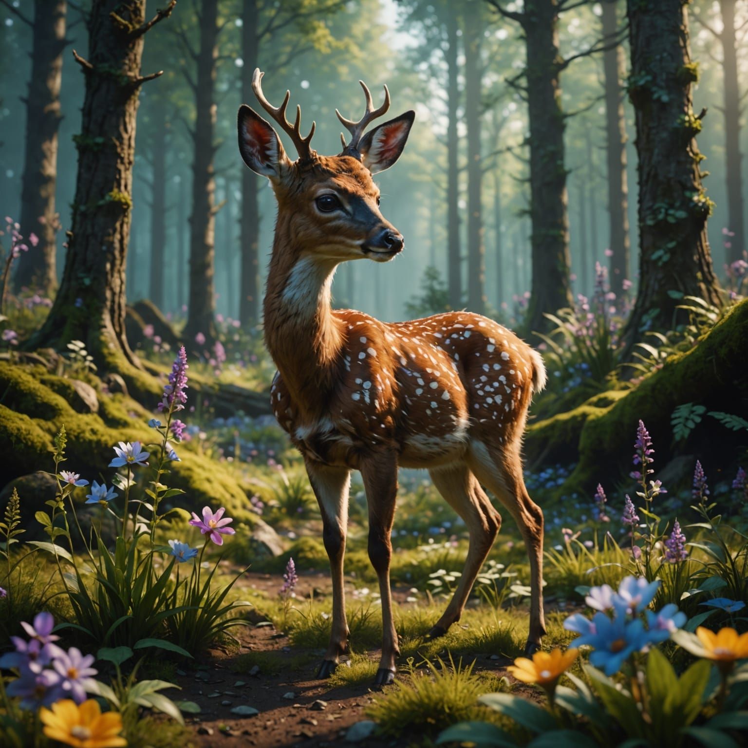Baby deer smelling flowers in the forest