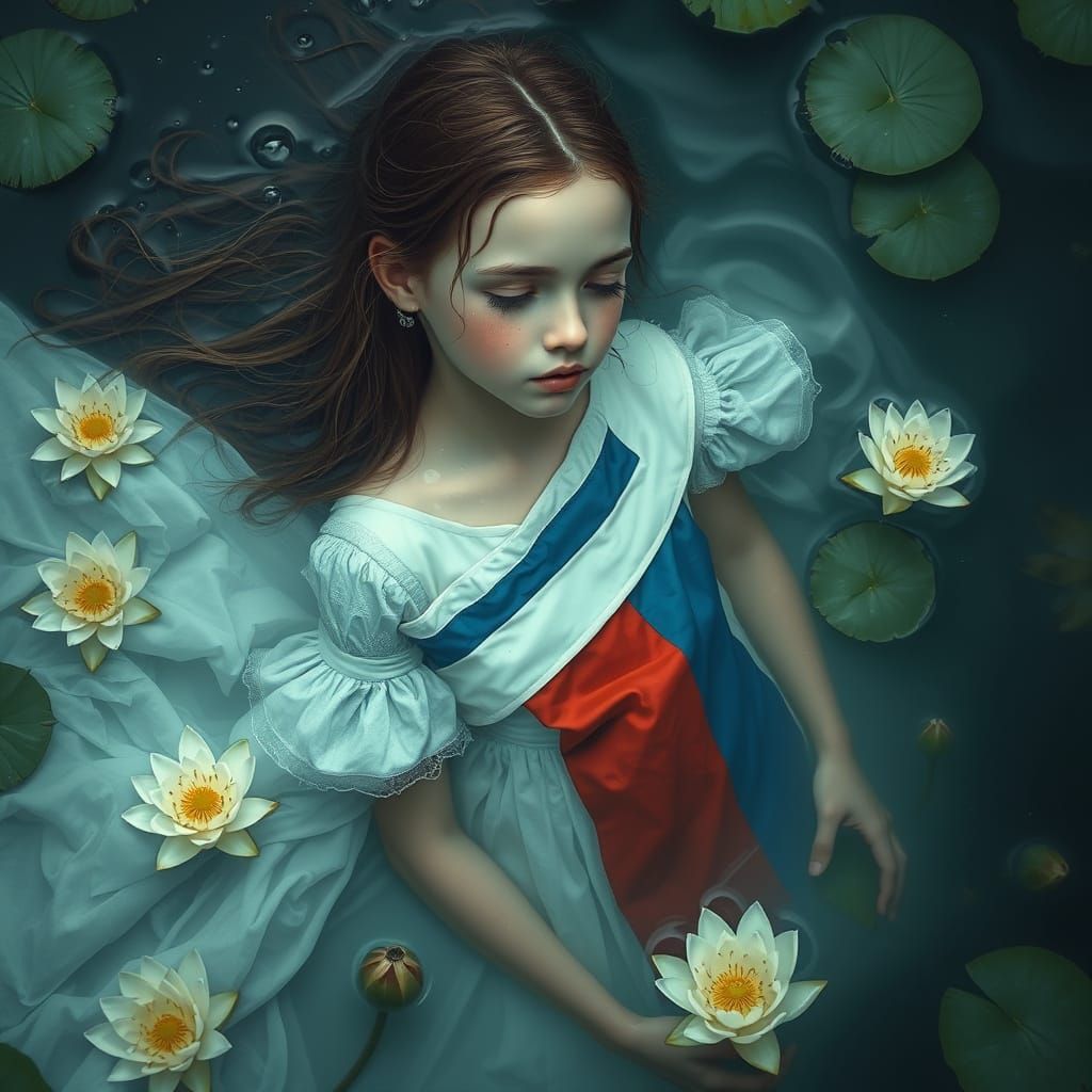 Ethereal Russian Girl Submerged in Water Lilies