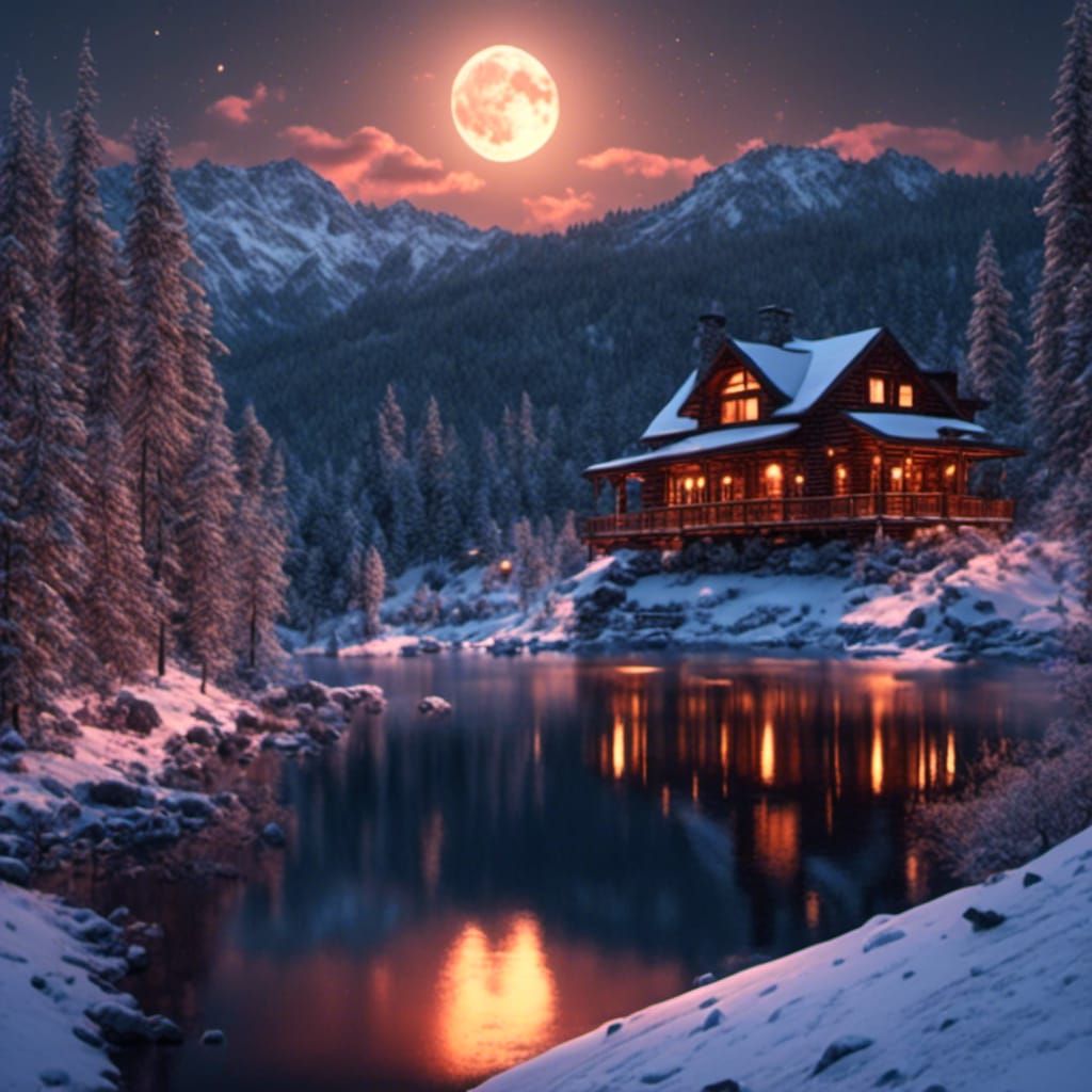 "Night setting"  Log cabin on hill overlooking large lake wi...