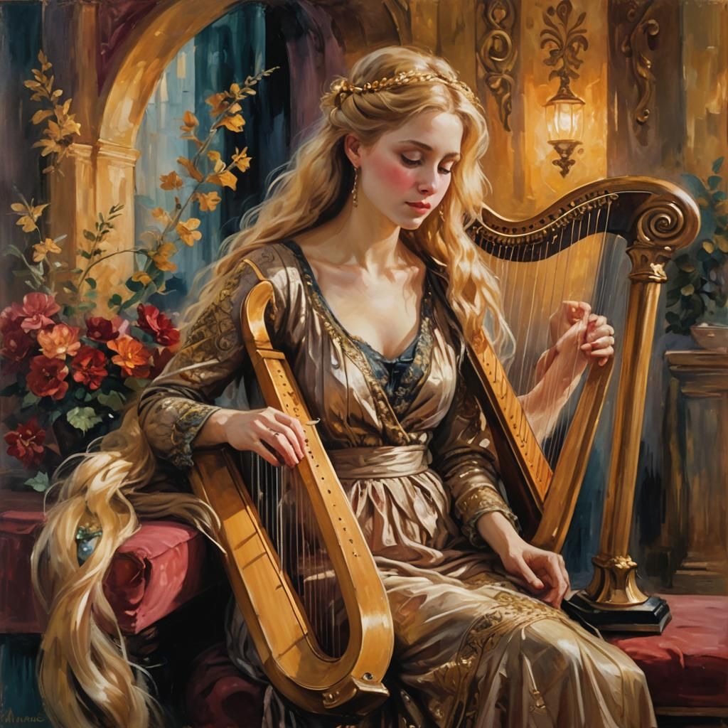 Romantic Oil Painting of Woman Playing Harp