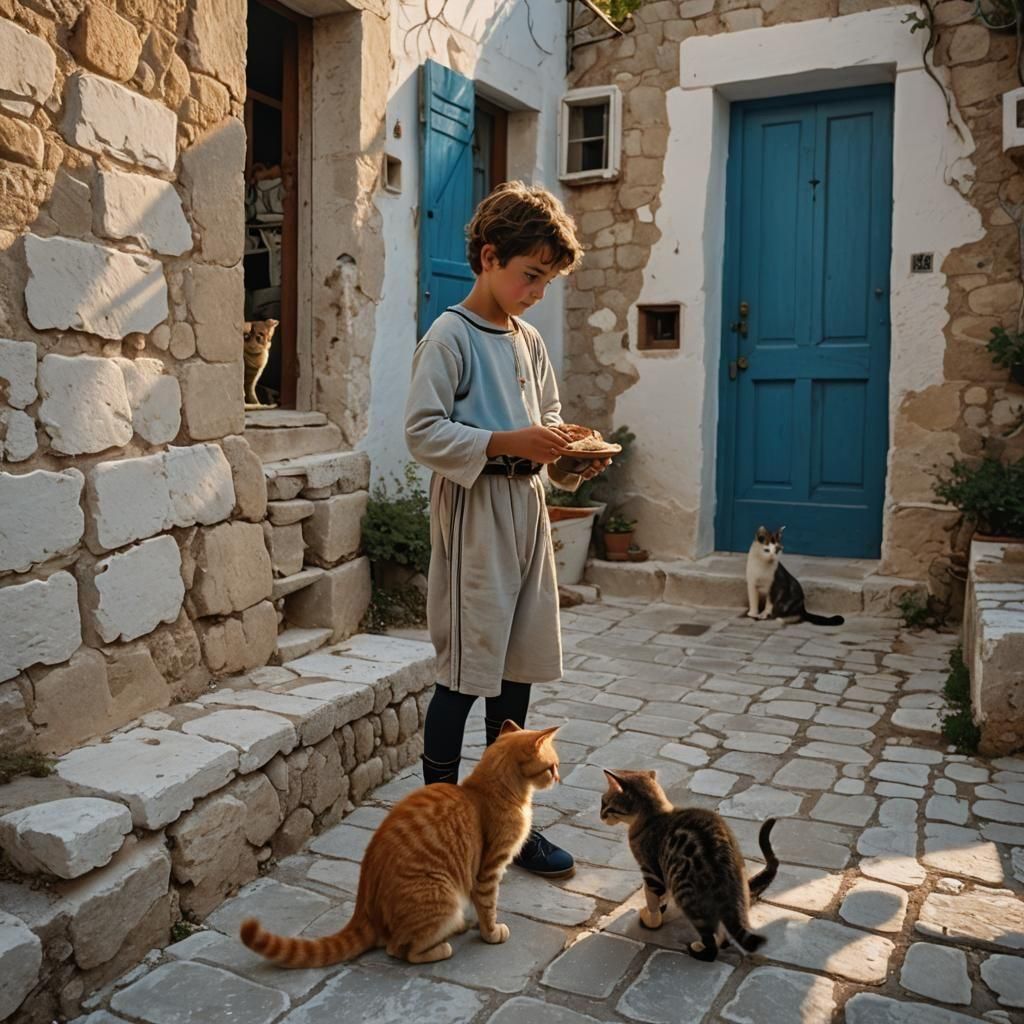Greek Child Feeds Cats on Island