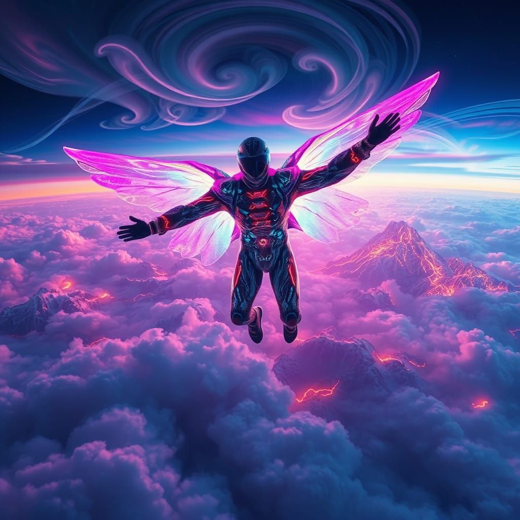 Wingsuit Jumper Soaring in Surreal Landscape