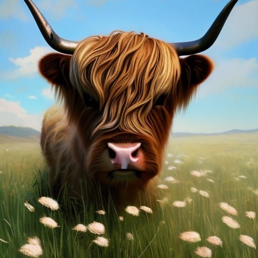 Highland Calf Portrait in Sunny Flower Field