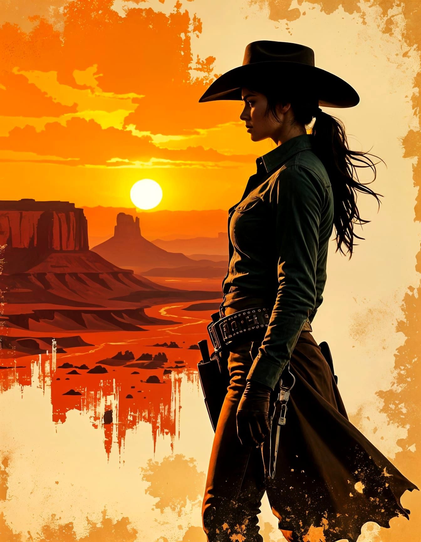 Cowgirl Silhouette Against Fiery Sunset in Desert Canyon