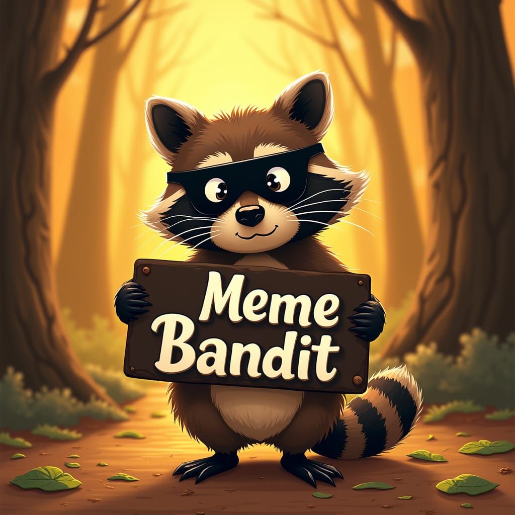 Mischievous Raccoon in Bandit Mask, Whimsical Woodland Scene