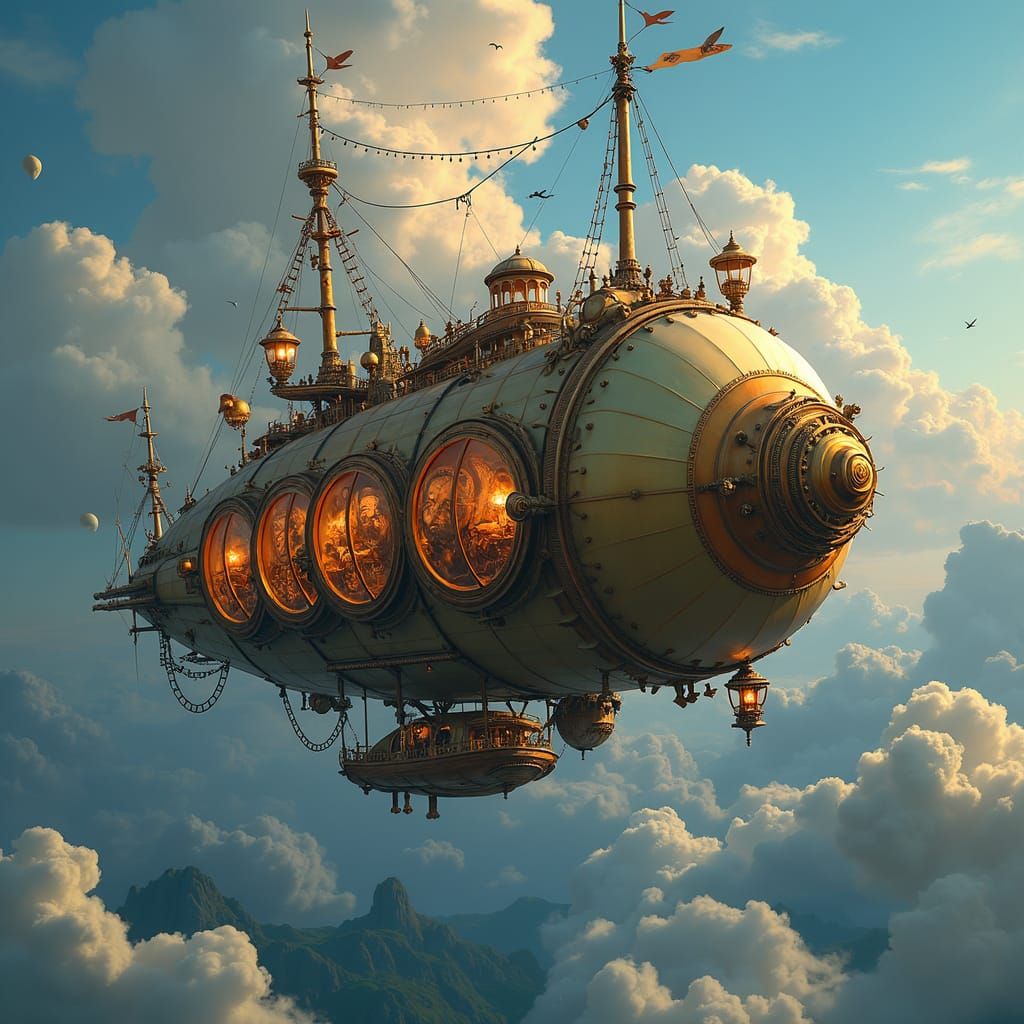 Steampunk Airship Soaring Through Cloudy Skies