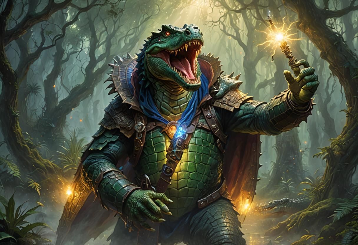 Crocodile Warrior in Dark Forest, Fantasy Art