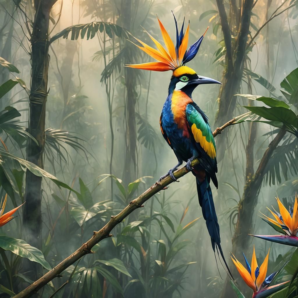 Bird of Paradise Displaying in Misty Rainforest